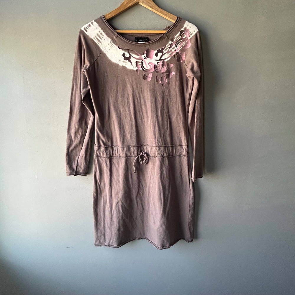 Athleta Organic Cotton Long Sleeve Mini Dress Mauve Brown Floral Tie Dye M 42010